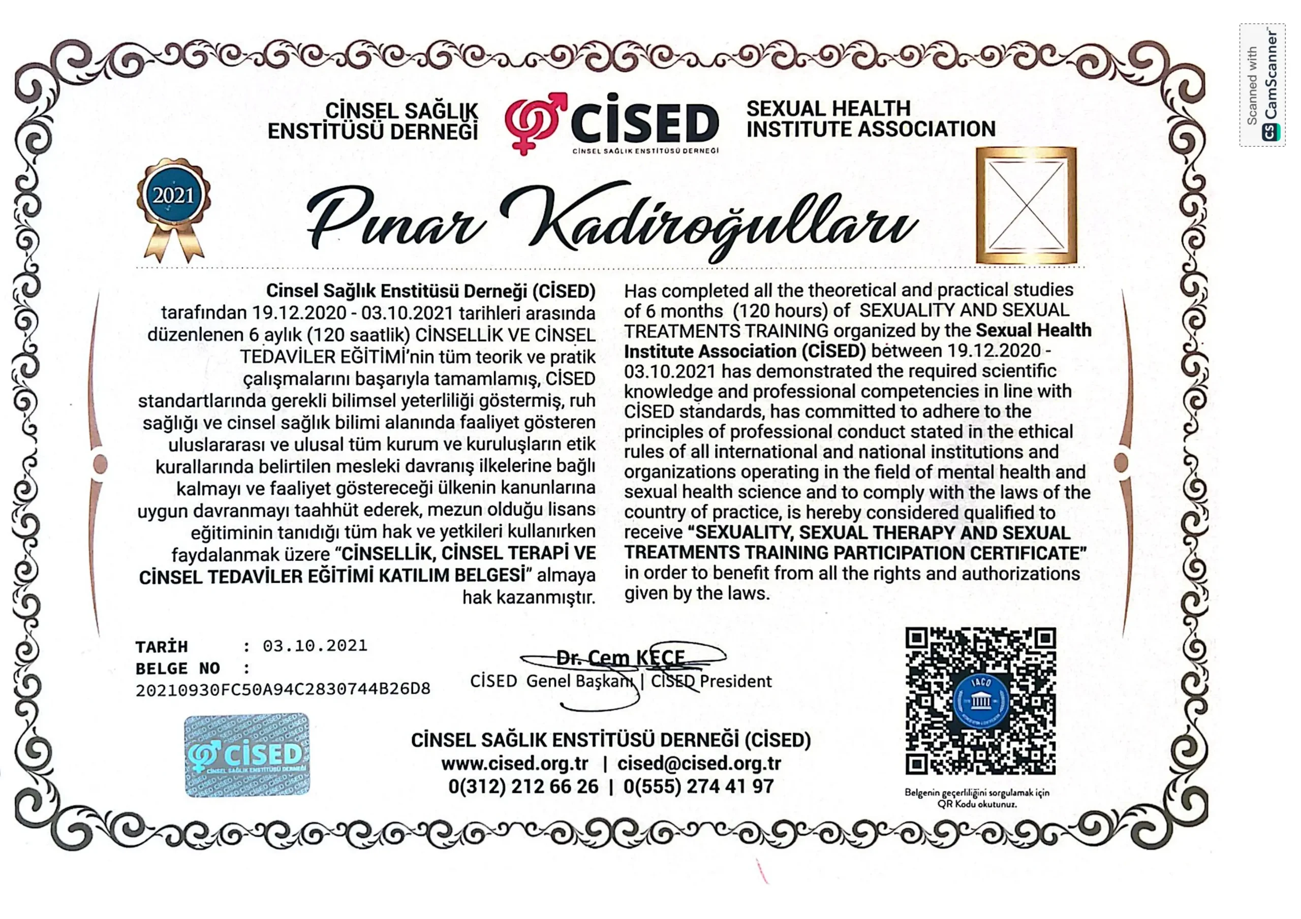 CİSED Cinsel Sağlık Sertifikası — Doç. Dr. Pınar Kadiroğulları