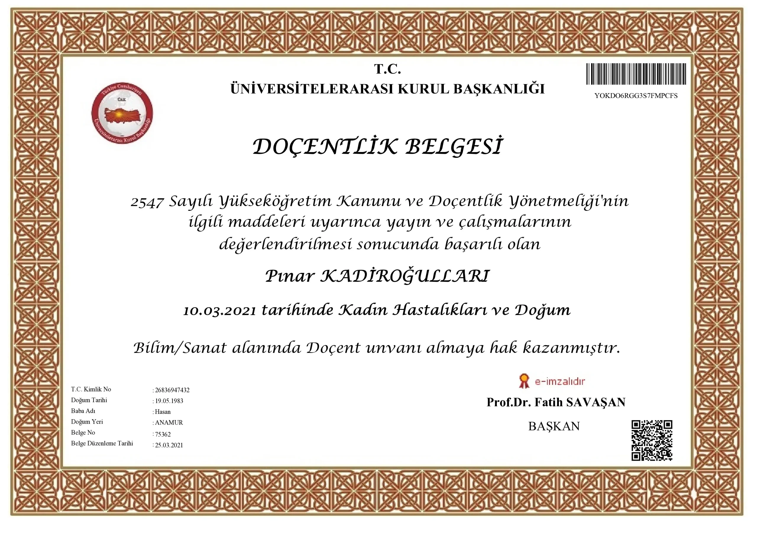 Doçentlik Belgesi — Doç. Dr. Pınar Kadiroğulları