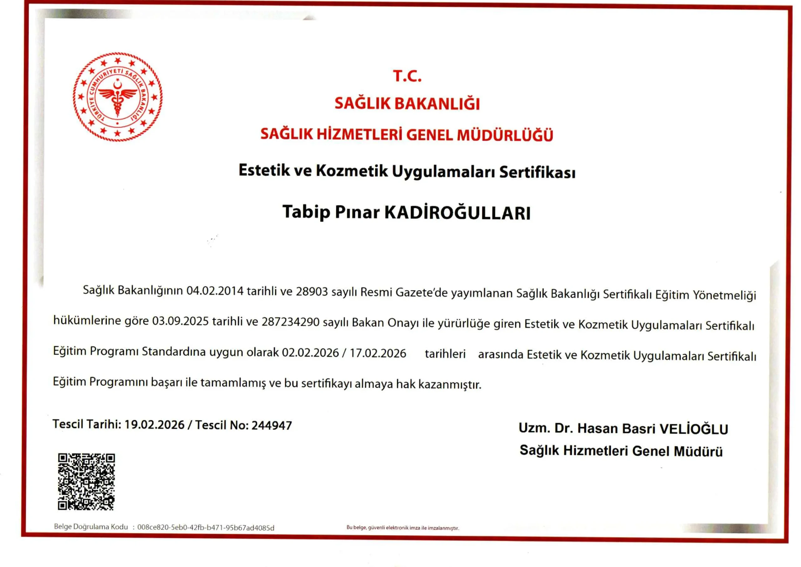 Estetik ve Kozmetik Uygulamaları Sertifikası — Doç. Dr. Pınar Kadiroğulları