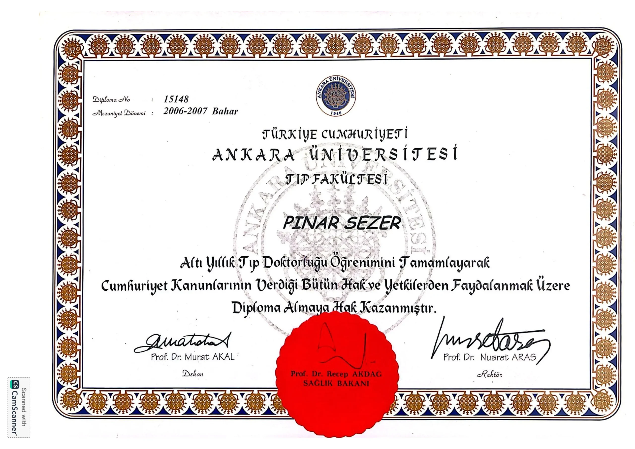 Tıp Fakültesi Diploması — Doç. Dr. Pınar Kadiroğulları