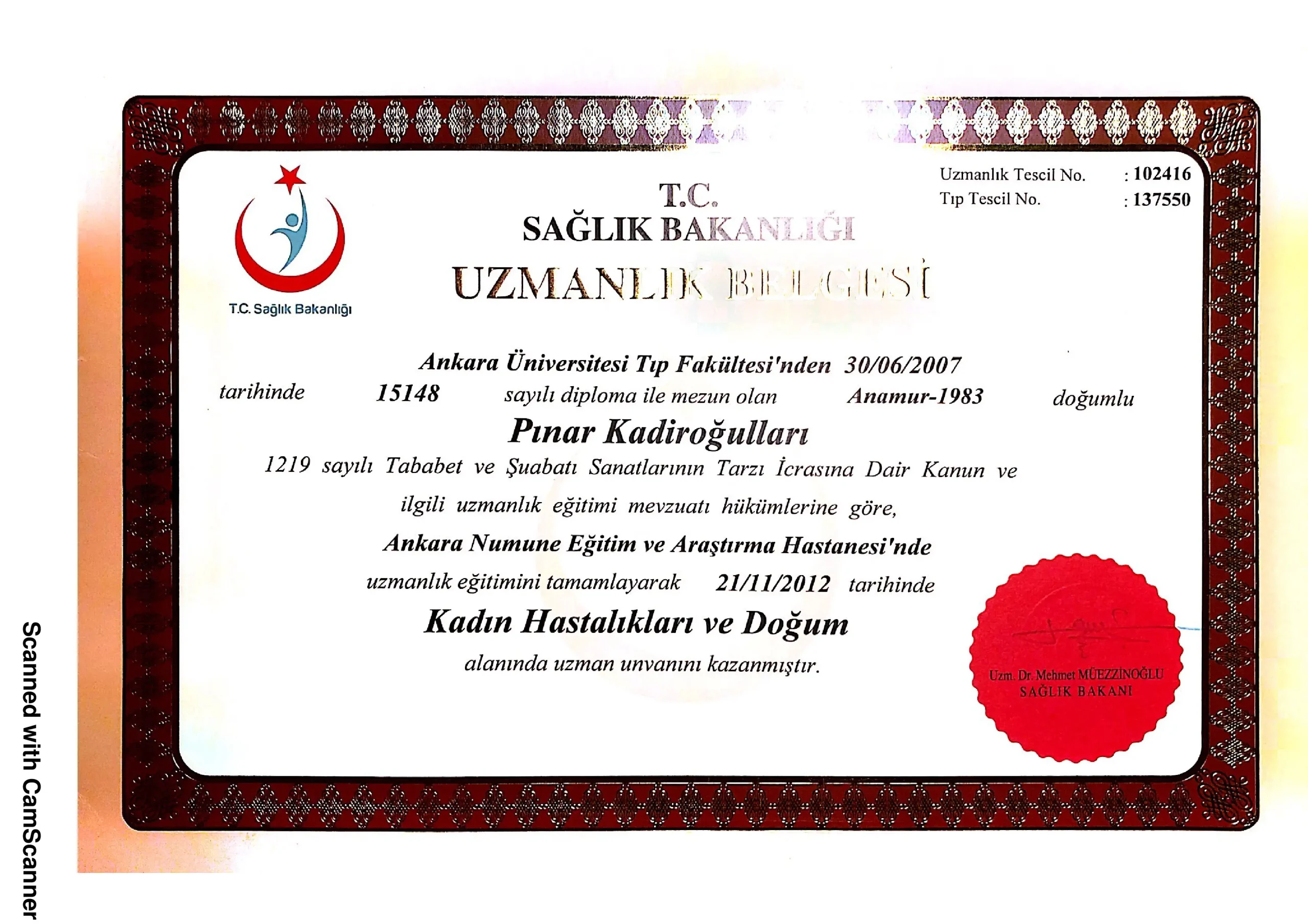 Uzmanlık Belgesi — Doç. Dr. Pınar Kadiroğulları
